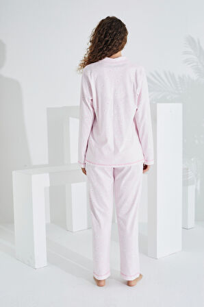 %100 Pamuk Uzun Kol Önden Düğmeli Kadın Pijama Takımı 98228-29