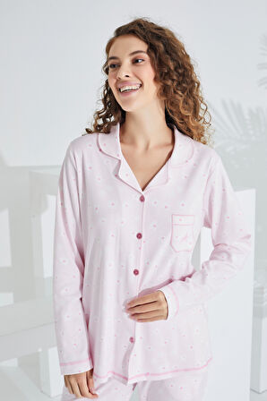 %100 Pamuk Uzun Kol Önden Düğmeli Kadın Pijama Takımı 98228-29