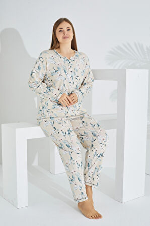 %100 Pamuk Uzun Kol Büyük Beden Kadın Pijama Takımı 98907