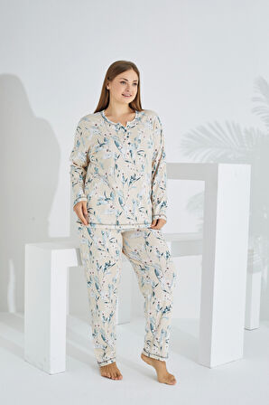 %100 Pamuk Uzun Kol Büyük Beden Kadın Pijama Takımı 98907