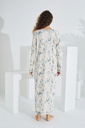 %100 Pamuk Uzun Kol Kadın Elbise Gecelik 91415