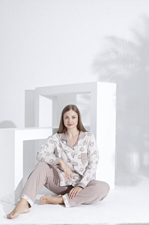 %100 Pamuk Uzun Kol Önden Düğmeli Kadın Pijama Takımı 98232