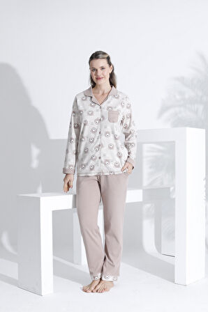 %100 Pamuk Uzun Kol Önden Düğmeli Kadın Pijama Takımı 98232