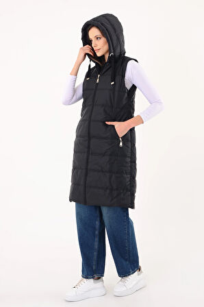 Kadın Kapşonlu Uzun Şişme Yelek - Siyah