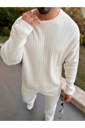 Uzun Sweatshirt Kollu Tişört Fitilli Örme Triko Yumuşak Dokulu Tüylenmez Pamuklu Kazak
