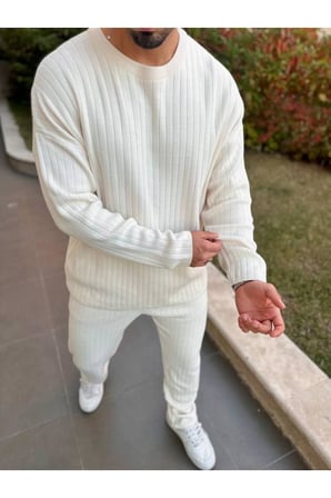 Uzun Sweatshirt Kollu Tişört Fitilli Örme Triko Yumuşak Dokulu Tüylenmez Pamuklu Kazak