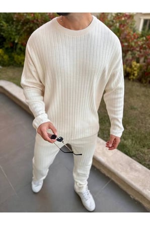 Uzun Sweatshirt Kollu Tişört Fitilli Örme Triko Yumuşak Dokulu Tüylenmez Pamuklu Kazak