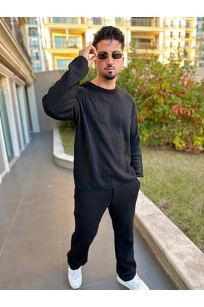 Uzun Sweatshirt Kollu Tişört Fitilli Örme Triko Yumuşak Dokulu Tüylenmez Pamuklu Kazak