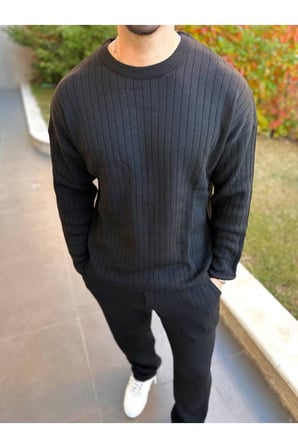 Uzun Sweatshirt Kollu Tişört Fitilli Örme Triko Yumuşak Dokulu Tüylenmez Pamuklu Kazak