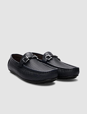 %100 Hakiki Deri Lacivert Örgü Desenli Erkek Loafer