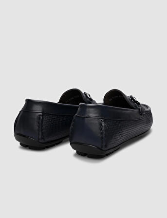 %100 Hakiki Deri Lacivert Örgü Desenli Erkek Loafer