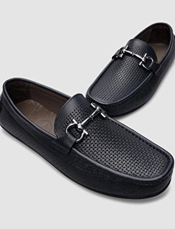 %100 Hakiki Deri Lacivert Örgü Desenli Erkek Loafer