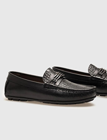 Hakiki Deri Detaylı Siyah Erkek Loafer