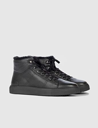 Hakiki Deri Hazır Tabanlı Siyah Kürklü Erkek Günlük Bot