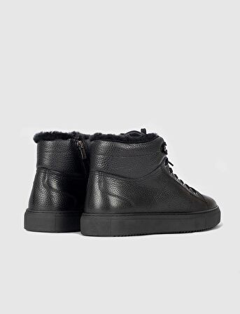 Hakiki Deri Hazır Tabanlı Siyah Kürklü Erkek Günlük Bot