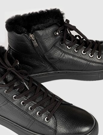 Hakiki Deri Hazır Tabanlı Siyah Kürklü Erkek Günlük Bot