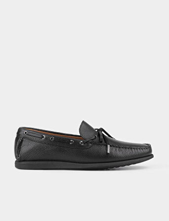 Erkek Hakiki Deri Bağcık Detaylı Siyah Loafer Ayakkabı