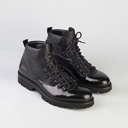 Cabani Yuvarlak Burun Orta Topuk Bağcıklı Soğuk Havaya Dayanıklı Günlük Siyah Klasik Bot Hakiki Deri