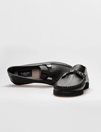 Hakiki Deri Siyah Lazer Detaylı Erkek Loafer