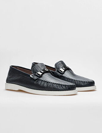 Hakiki Deri Lacivert Lazer Detaylı Erkek Loafer