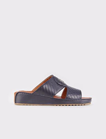 Erkek Hakiki Deri Logo Aksesuarlı Lacivert Terlik