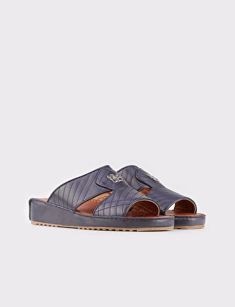 Erkek Hakiki Deri Logo Aksesuarlı Lacivert Terlik