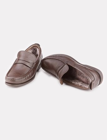 Cabani Hakiki Deri Kahverengi Kürklü Erkek Loafer Günlük Ayakkabı