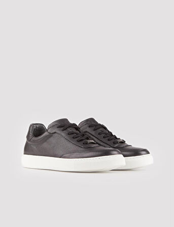 Erkek Hakiki Deri Beyaz Tabanlı Siyah Bağcıklı Spor Ayakkabı