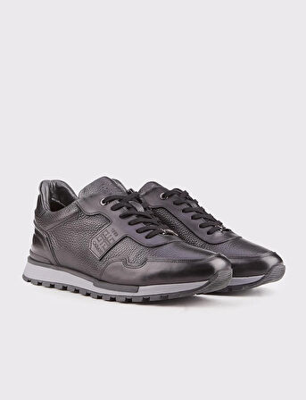 Erkek Hakiki Deri Siyah Kürklü Bağcıklı Sneaker Spor Ayakkabı