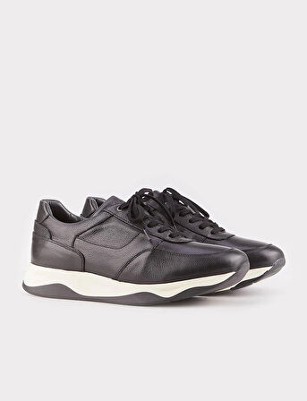 Hakiki Deri Siyah Kürklü Bağcıklı Erkek Sneaker Spor Ayakkabı