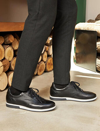 Erkek Hakiki Deri Kauçuk Taban Siyah Bağcıklı Günlük Ayakkabı