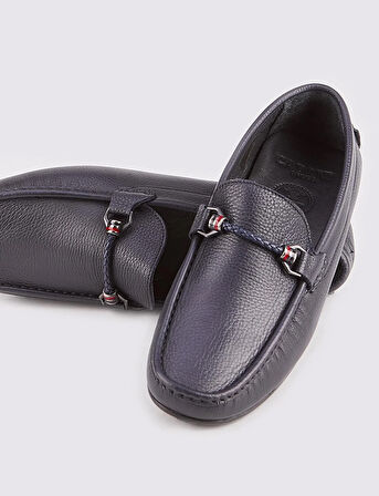 Erkek Hakiki Deri Toka Aksesuarlı Lacivert Loafer Ayakkabı