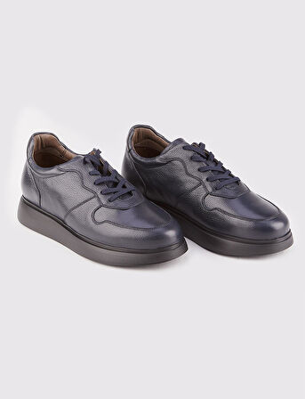 Hakiki Deri Lacivert Bağcıklı Sneaker Erkek Spor Ayakkabı