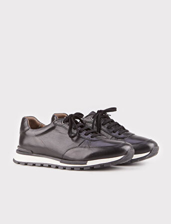 Hakiki Deri Light Kauçuk Tabanlı Siyah Bağcıklı Erkek Spor Ayakkabı