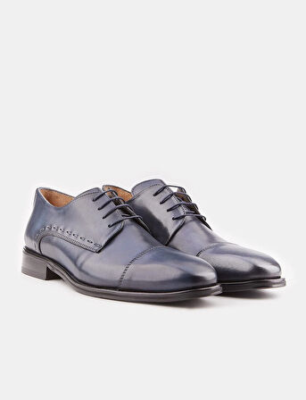 Hakiki Deri Kauçuk Tabanlı Lacivert Bağcıklı Erkek Klasik Ayakkabı