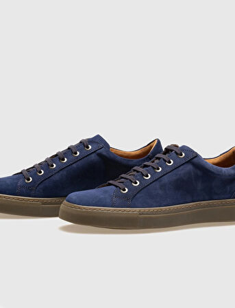 Hakiki Deri Mavi Süet Bağcıklı Erkek Spor Ayakkabı