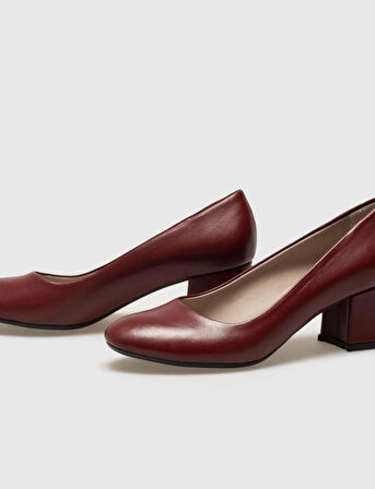 Cabani Hakiki Deri Bordo Kadın Kalın Topuklu Ayakkabı