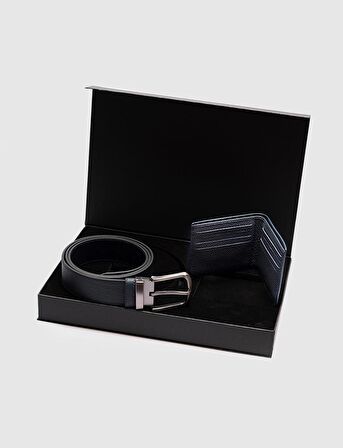 Hakiki Deri Lacivert Erkek Kemer Cüzdan Seti