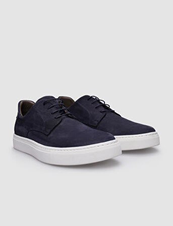 %100 Hakiki Deri Lacivert Nubuk Bağcıklı Erkek Sneaker