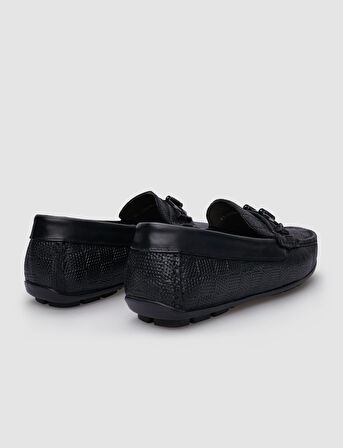 %100 Hakiki Deri Siyah Desenli Tokalı Erkek Ayakkabı