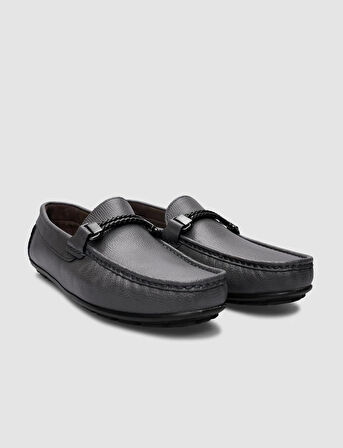 %100 Hakiki Deri Gri Tokalı Erkek Loafer