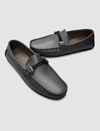 %100 Hakiki Deri Gri Tokalı Erkek Loafer