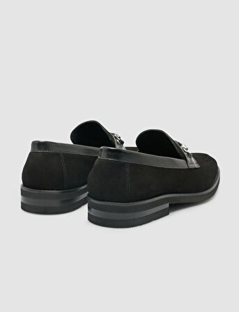 %100 Hakiki Deri Süet Siyah Toka Detaylı Erkek Loafer
