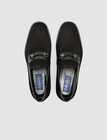 %100 Hakiki Deri Süet Siyah Toka Detaylı Erkek Loafer