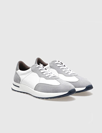Hakiki Deri Gri - Beyaz Bağcıklı Erkek Spor Ayakkabı