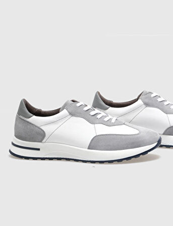 Hakiki Deri Gri - Beyaz Bağcıklı Erkek Spor Ayakkabı