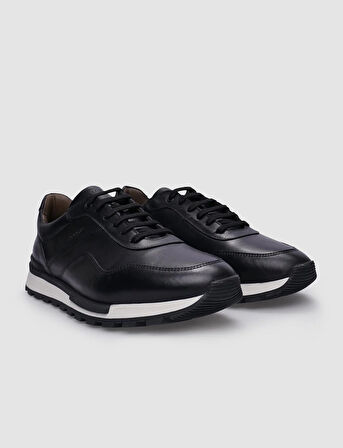 Hakiki Deri Siyah Bağcıklı Erkek Sneaker