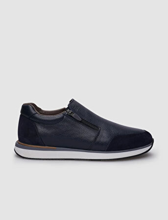 %100 Hakiki Deri Lacivert Fermuarlı Erkek Sneaker