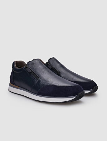 %100 Hakiki Deri Lacivert Fermuarlı Erkek Sneaker