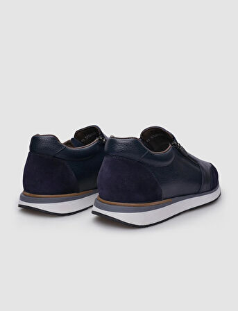 %100 Hakiki Deri Lacivert Fermuarlı Erkek Sneaker